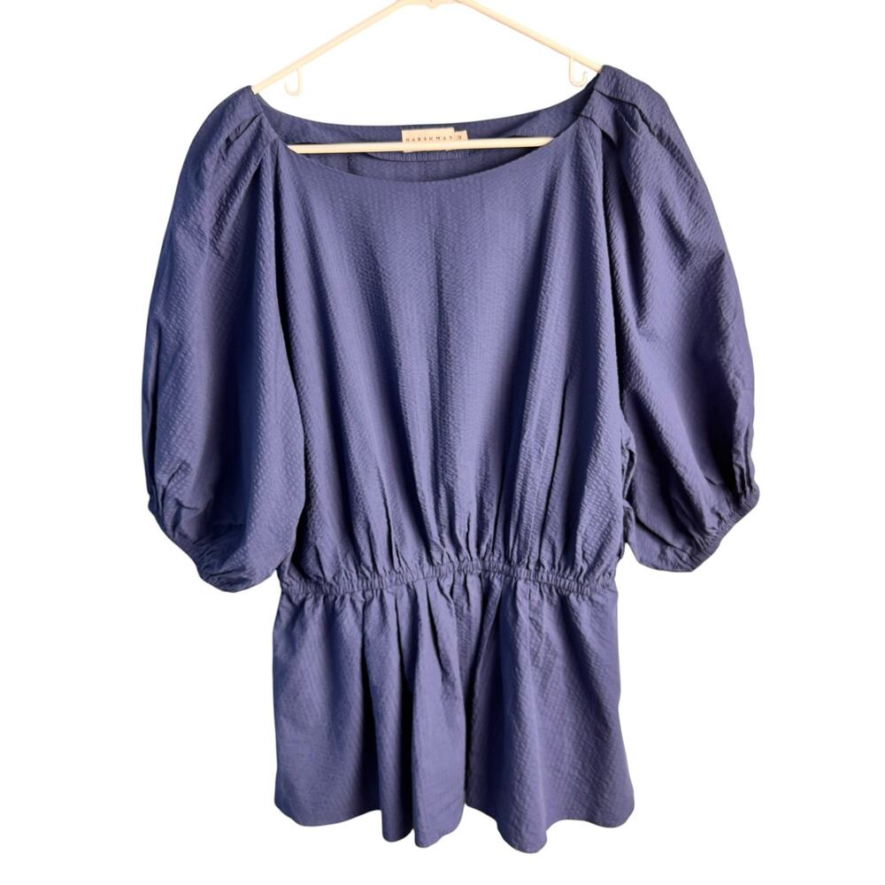 Harshman LA Blue Textured Peplum Blouse‎ Puff Sleeve 1X Cotton